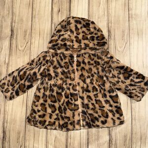 AMERICAN WIDGEON Girl 18 M Hooded Faux Fur Leopard Print Zip Fit & Flare Coat